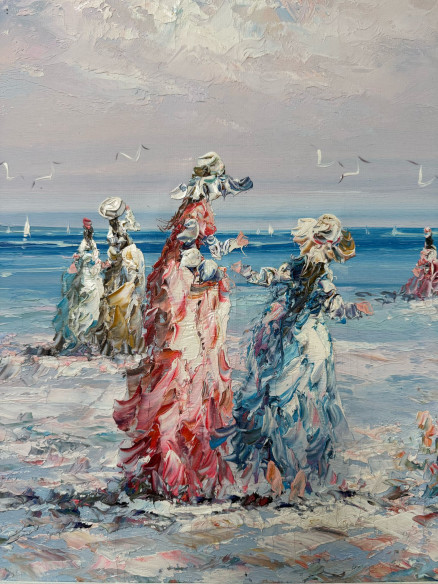 Tabla pintada a espátula y firmada, "Mujeres en la playa con gaviotas".