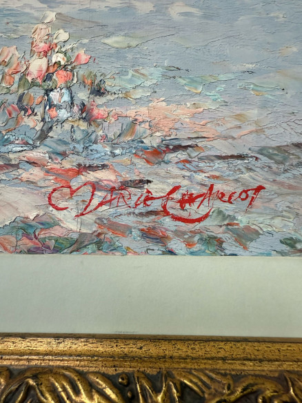 Tabla pintada a espátula y firmada, "Mujeres en la playa con gaviotas".