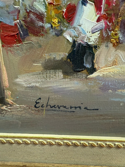 Retablo con grandes arcos arquitectónicos de la iglesia con sacerdotes, monaguillos y obispos. Pintado óleo sobre lienzo,