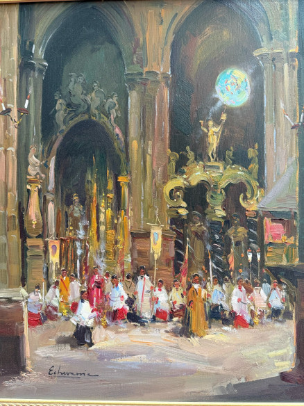 Retablo con grandes arcos arquitectónicos de la iglesia con sacerdotes, monaguillos y obispos. Pintado óleo sobre lienzo,