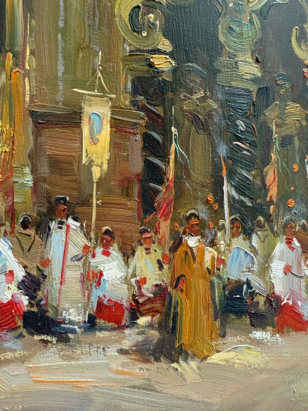 Retablo con grandes arcos arquitectónicos de la iglesia con sacerdotes, monaguillos y obispos. Pintado óleo sobre lienzo,