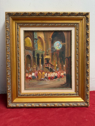 Retablo con grandes arcos arquitectónicos de la iglesia, con sacerdotes, monaguillos y obispos.