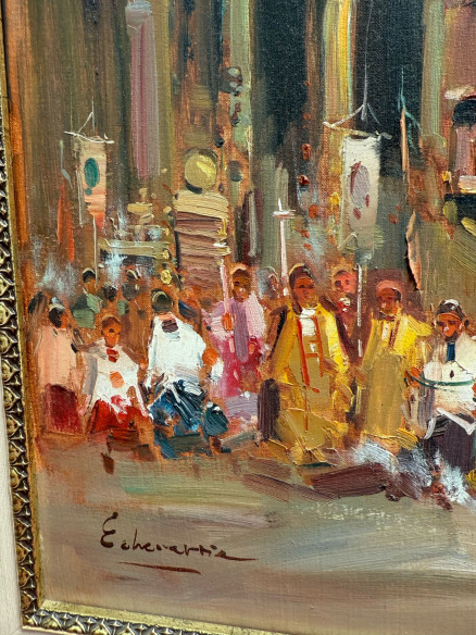 Retablo con grandes arcos arquitectónicos de la iglesia, con sacerdotes, monaguillos y obispos.