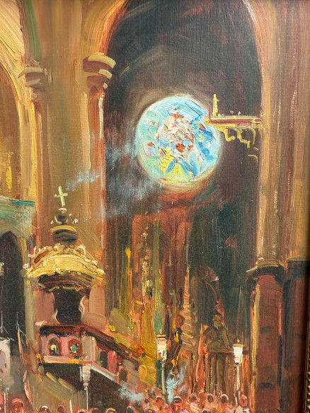 Retablo con grandes arcos arquitectónicos de la iglesia, con sacerdotes, monaguillos y obispos.