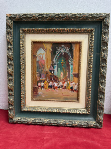 Retablo con grandes arcos arquitectónicos de la iglesia, con sacerdotes, monaguillos y obispos.