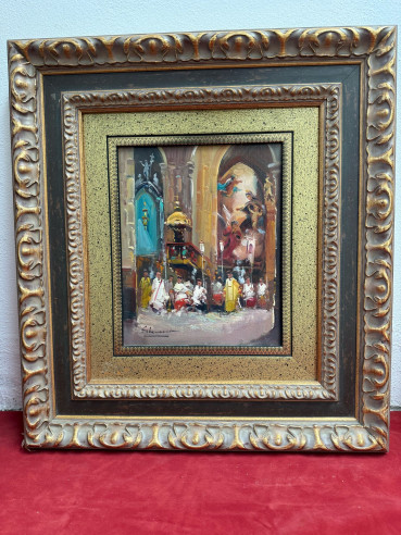 Retablo con grandes arcos arquitectónicos de la iglesia, con ángeles, sacerdotes, monaguillos y obispos.