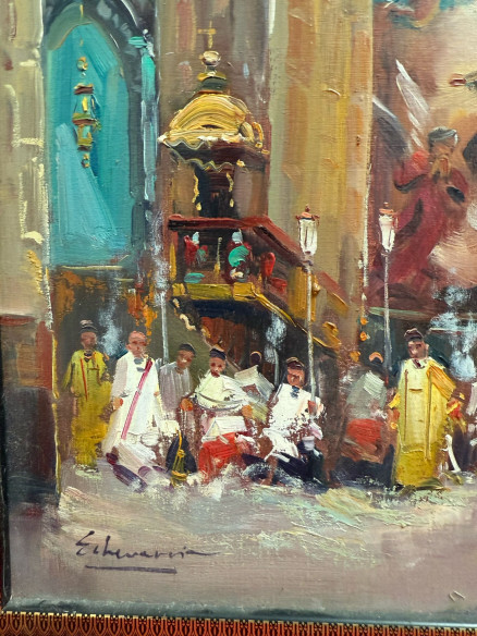 Retablo con grandes arcos arquitectónicos de la iglesia, con ángeles, sacerdotes, monaguillos y obispos.