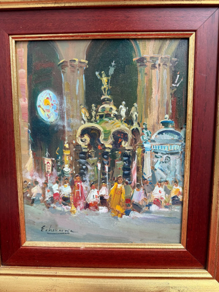 Pareja de cuadros retablos con grandes arcos arquitectónicos de la iglesia, con ángeles, sacerdotes, monaguillos y obispos.