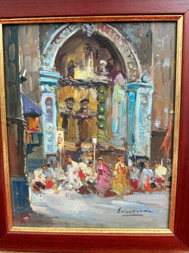 Pareja de cuadros retablos con grandes arcos...