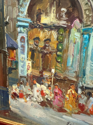 Pareja de cuadros retablos con grandes arcos...