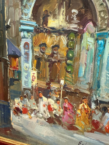 Pareja de cuadros retablos con grandes arcos arquitectónicos de la iglesia, con ángeles, sacerdotes, monaguillos y obispos.