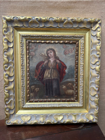 El buen pastor, óleo sobre tabla S. XVIII.