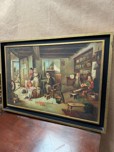Pintura estilo inglesa "Escena doméstica donde se ven muchos personajes ataviados con trajes de la época", (firmado).