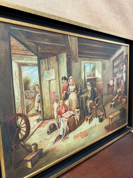 Pintura estilo inglesa "Escena doméstica donde se ven muchos personajes ataviados con trajes de la época", (firmado).