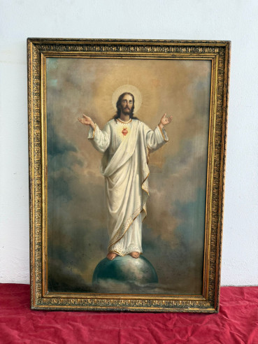 Sagrado Corazón de Jesús con preciosa mirada, orando por todos nosotros y bonitos estofados S. XIX.