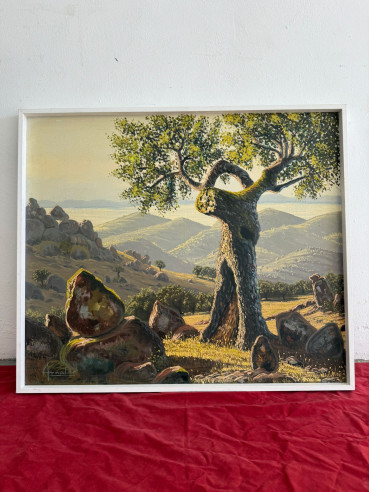 Paisaje con montaña y árboles, firmado por el prestigioso pintor Arnaldo Curia Santos (Madrid 1929).