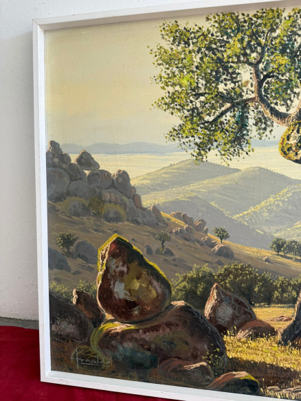 Paisaje con montaña y árboles, firmado por el prestigioso pintor Arnaldo Curia Santos (Madrid 1929).