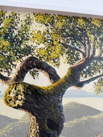 Paisaje con montaña y árboles, firmado por el prestigioso pintor Arnaldo Curia Santos (Madrid 1929).