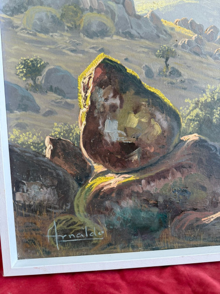 Paisaje con montaña y árboles, firmado por el prestigioso pintor Arnaldo Curia Santos (Madrid 1929).