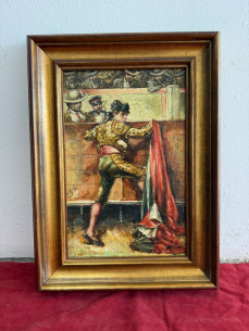 Pintura costumbrista sobre tabla, con motivos taurinos,...