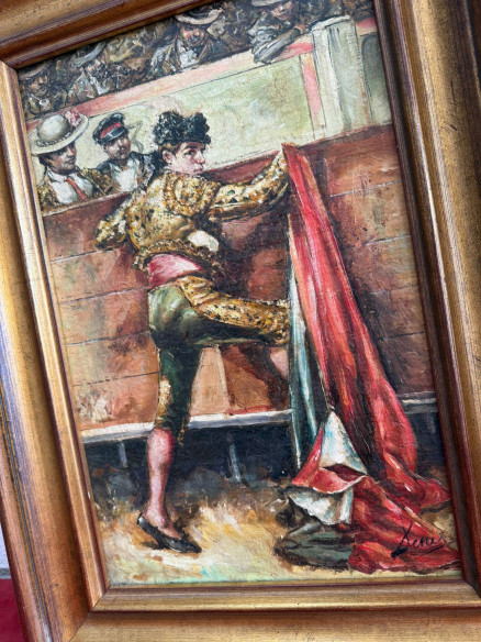 Pintura costumbrista sobre tabla, con motivos taurinos, pintada por el prestigioso pintor José Denis Belgrano (Málaga).