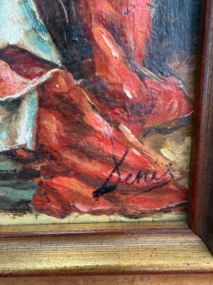 Pintura costumbrista sobre tabla, con motivos taurinos, pintada por el prestigioso pintor José Denis Belgrano (Málaga).