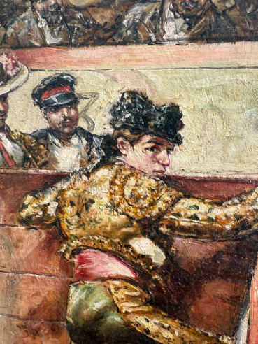 Pintura costumbrista sobre tabla, con motivos...