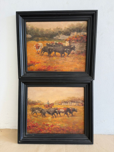 Pareja de óleos sobre lienzo, ganadería con toros sueltos en la finca y mayoral.
