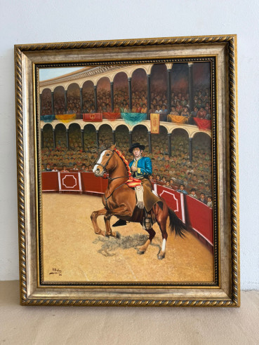 Rejoneador a caballo (encelar al toro), pintada por el pintor Lucentino Ángel Pablos.