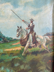 Escena de mayoral a caballo con toro acechando. Firmado y... 2