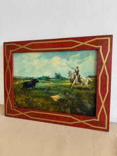 Escena de mayoral a caballo con toro acechando. Firmado y...