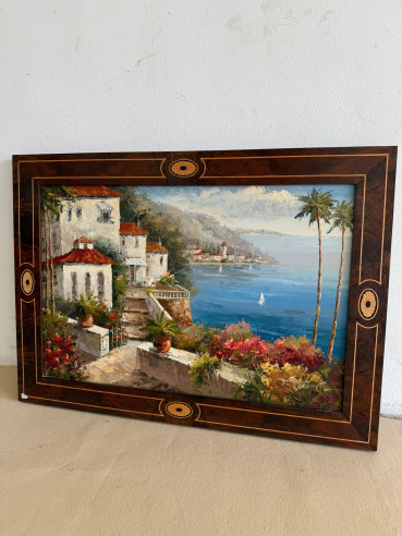Paisaje Mediterráneo de la Toscana Italiana (firmado), bonito marco de caoba con marquetería.