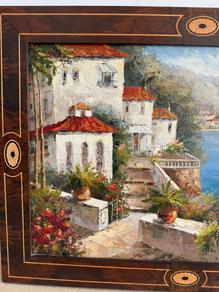 Paisaje Mediterráneo de la Toscana Italiana (firmado), bonito marco de caoba con marquetería.