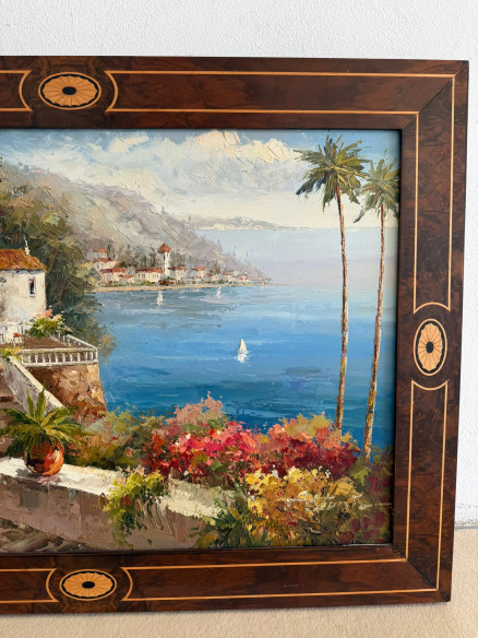 Paisaje Mediterráneo de la Toscana Italiana (firmado), bonito marco de caoba con marquetería.