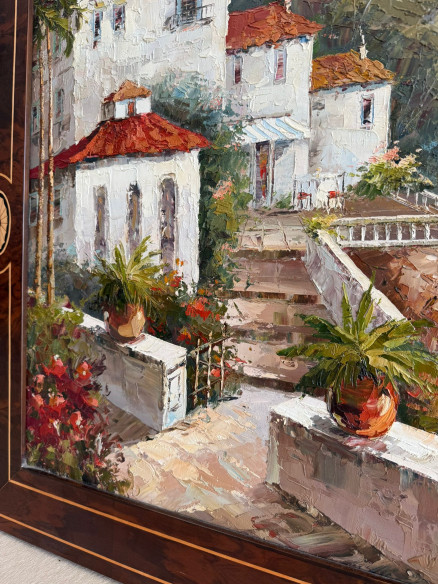 Paisaje Mediterráneo de la Toscana Italiana (firmado), bonito marco de caoba con marquetería.