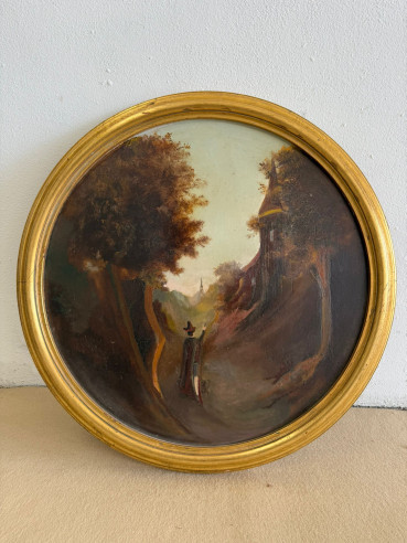 Pintura estilo francés de bosque y castillo con personaje, óleo sobre tabla.