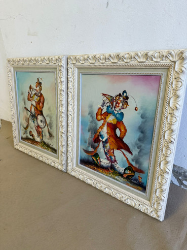 Pareja de pinturas firmadas de payasos, óleo sobre lienzo.