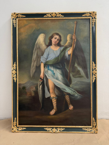 Gran óleo de San Rafael, con elegante marco y detalles dorados.