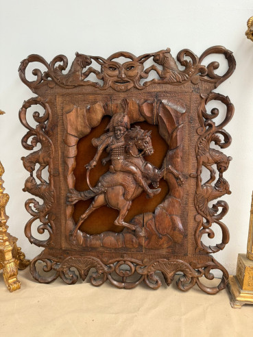 Talla de Napoleón a caballo en madera de roble, renacimiento francés primero S. XX.