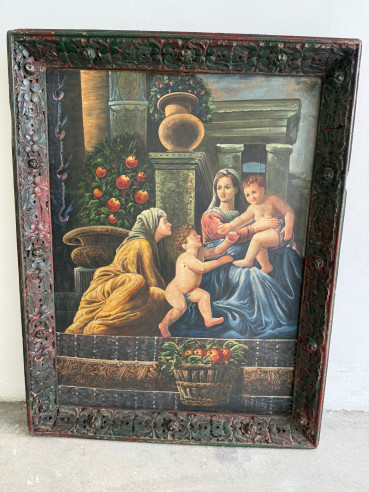 La Virgen con el Niño Jesús, Santa Isabel y San Juan Bautista niño. Óleo sobre tabla con gran marco tallado.