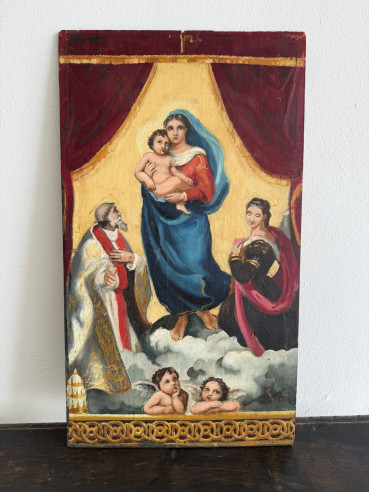 Copia de la Madonna de la Sixtina de Rafael Sanzio. Pintada sobre tabla.