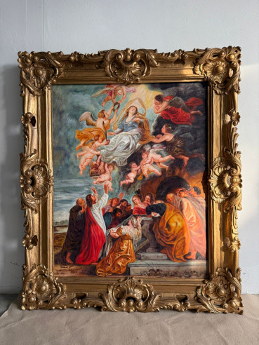La Asunción de la Virgen, óleo sobre lienzo con gran marco tallado en madera.