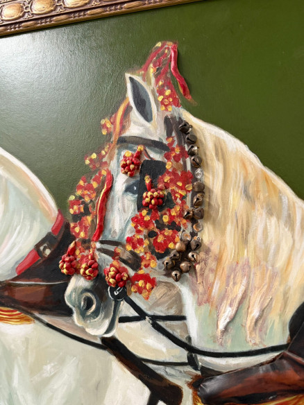 Pareja de caballos blancos al enganche,