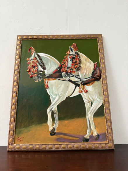 Pareja de caballos blancos al enganche,