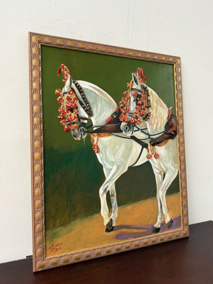 Pareja de caballos blancos al enganche,