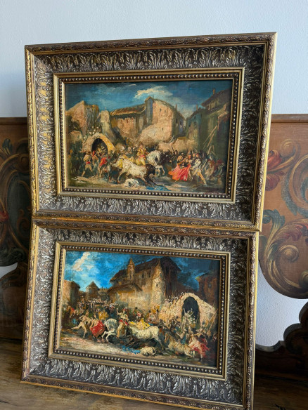 Fantástica pareja de tablas, fiestas goyescas atribuidas a Eugenio Lucas Villaamil.