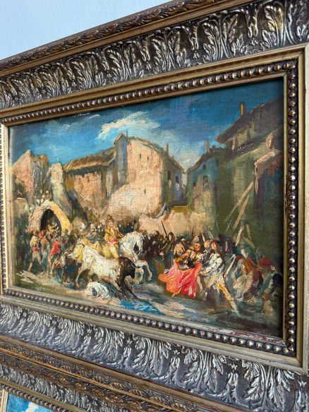 Fantástica pareja de tablas, fiestas goyescas atribuidas a Eugenio Lucas Villaamil.