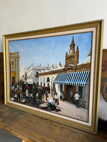 Escena costumbrista: La antigua pescadería del Puerto de Santa María, pintada por Luis Ortega.