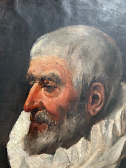 Bonito retrato de caballero con vestimenta del renacimiento, óleo sobre lienzo.