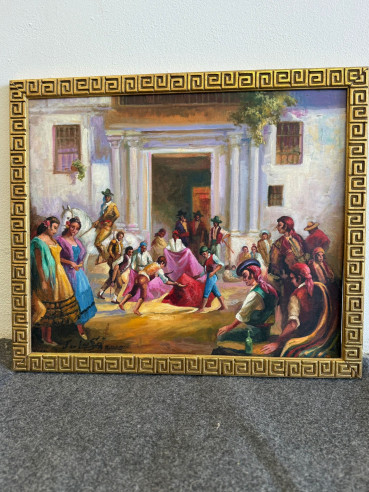 Escena goyesca con motivos taurinos y jinete a caballo, firmado por el pintor Jerezano Jologa.